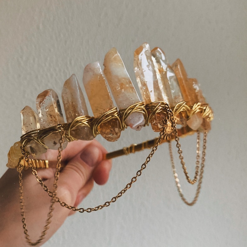 CITRINE GOLD SUN with Citrine crystal chips crown tiara wedding accessories festivals moon jewellery witchcraft gift yellow crystals imagem 7