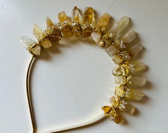 COURONNE EN OR CITRINE avec pendentif soleil éclats de cristal citrine diadème accessoires de mariage festivals bijoux lune cadeau sorcellerie cristaux jaunes