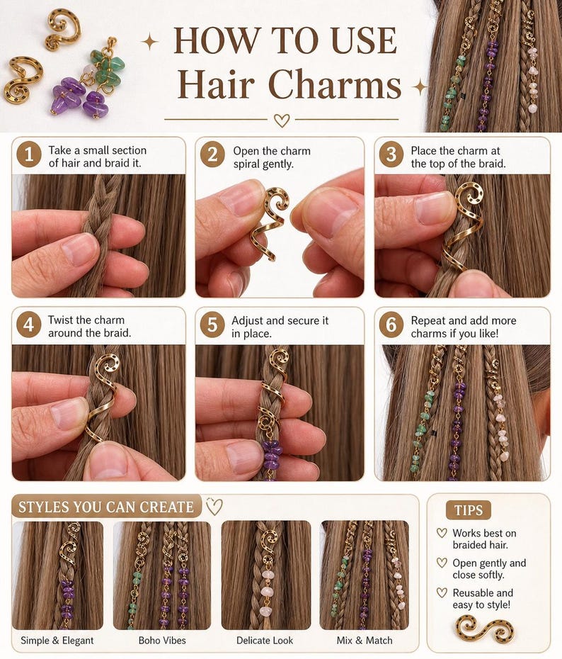May include: A step-by-step guide on how to use hair charms. The image shows a braid being decorated with a gold spiral charm and colorful beads. Text reads "HOW TO USE Hair Charms" and "STYLES YOU CAN CREATE".