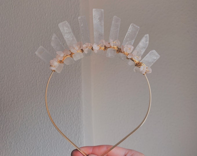 Clear Quartz & Rose Quartz Crystal Tiara Bohemian Moon Goddess Crown Celestial Headpiece Weddings Festivals