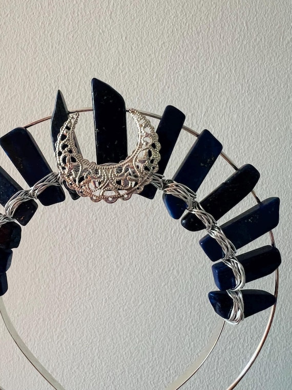 Lapis Lazuli Crystal Crown Gold Moon Tiara Bohemian Wedding  display picture 1