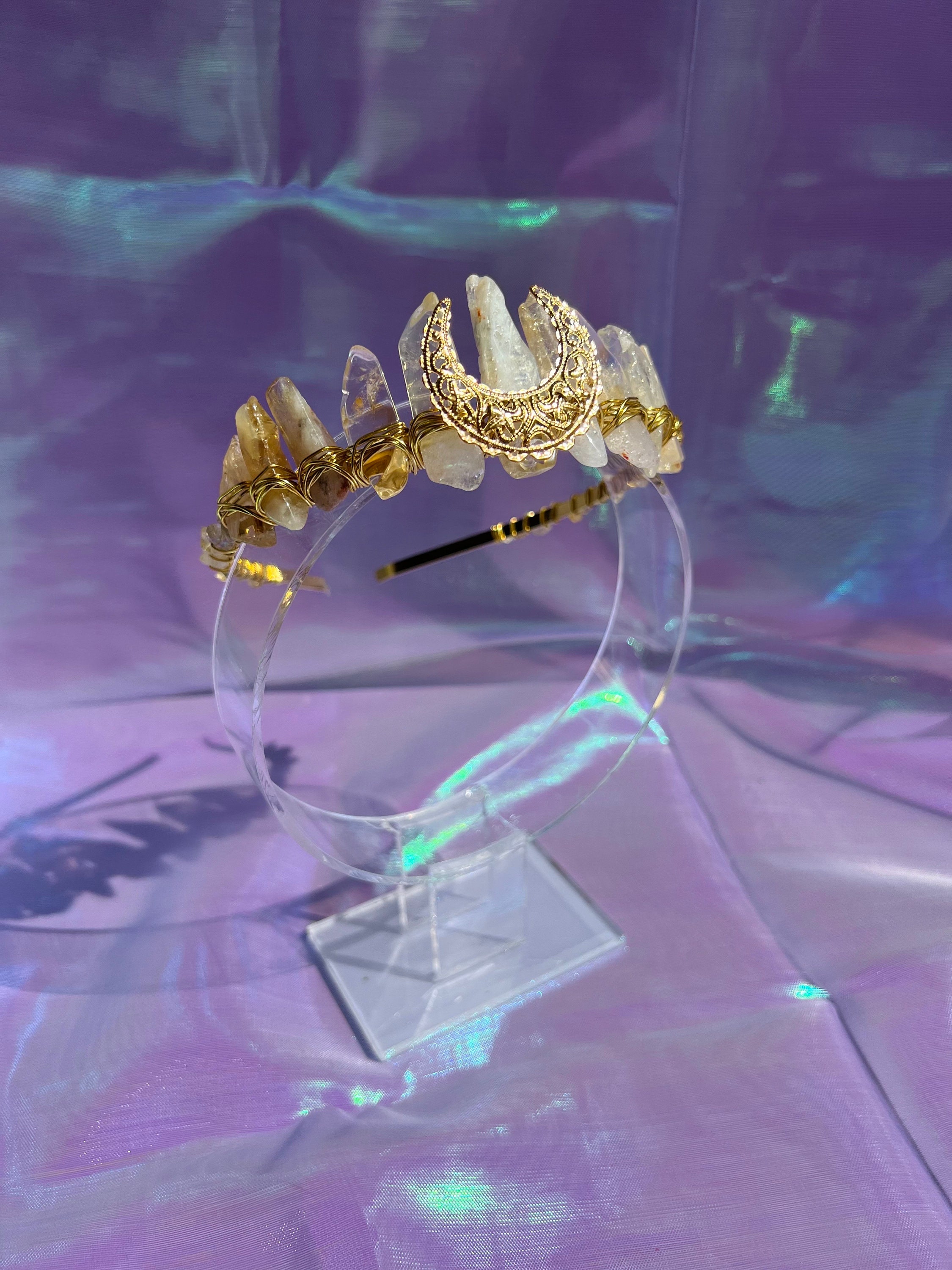 Handmade Citrine Crystal Fairy Crown Gold Moon Tiara  display picture 2