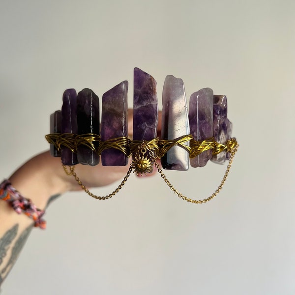 AMETHYST GOLD SUN with Amerhyst crystal chips crown tiara wedding accessories festivals moon jewellery witchcraft gift purple crystals