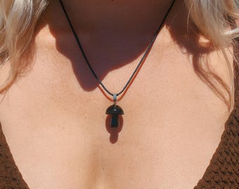 Black Obsidian Mushroom Necklace Silver Nature Inspired Pendant