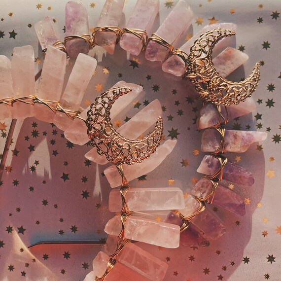 Rose Quartz Crystal Crown Gold Moon Wire Tiara Boho Goddess  display picture 1