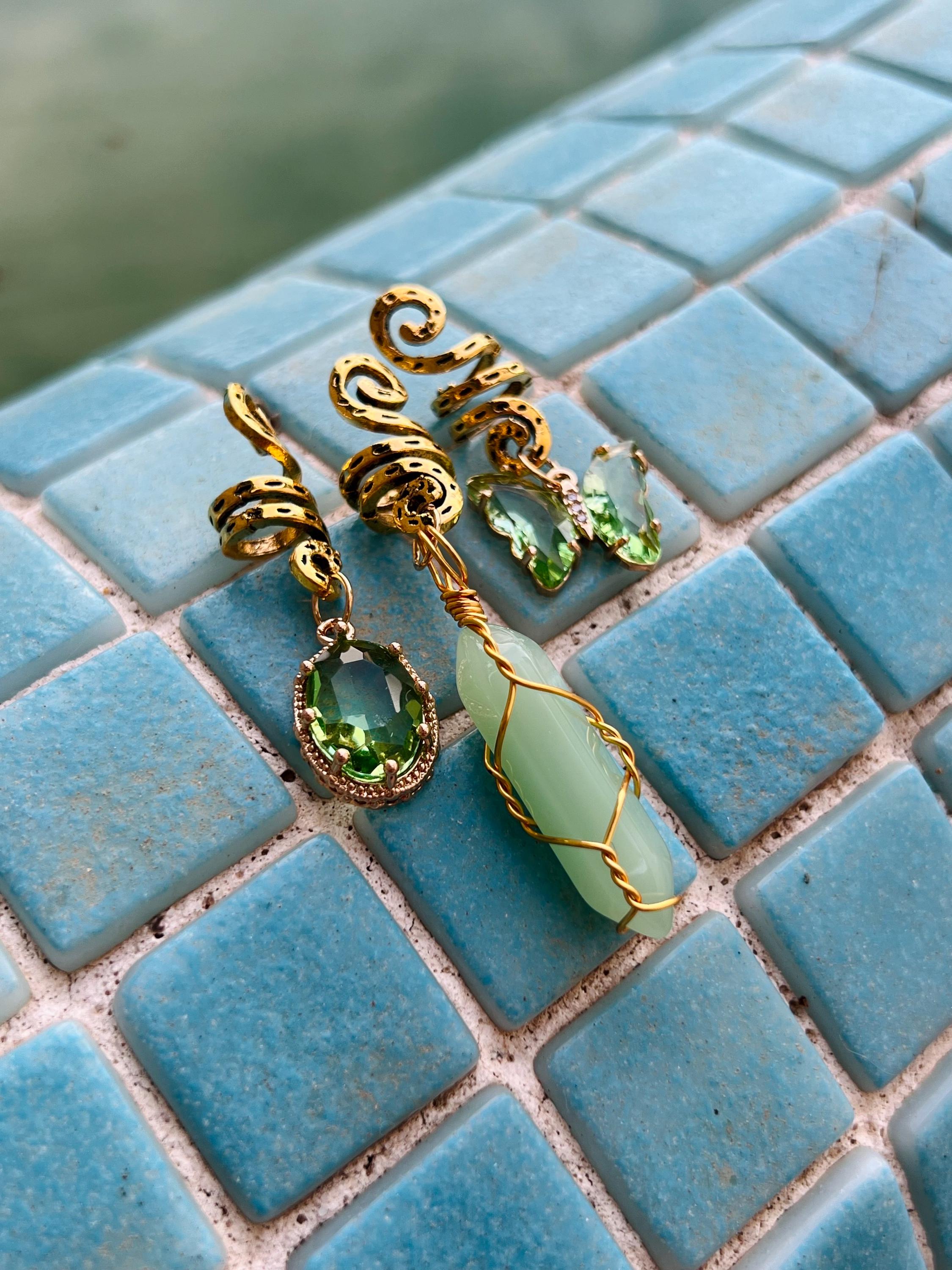 Green Aventurine Hair Charms Set: Gold Butterfly Dread Beads, Boho Loc Jewelry