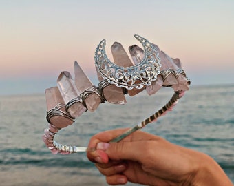 ROSE QUARTZ FAIRY with Rose Quartz crystal chips crown tiara wedding accessories festivals moon jewellery witchcraft gift pink crystals