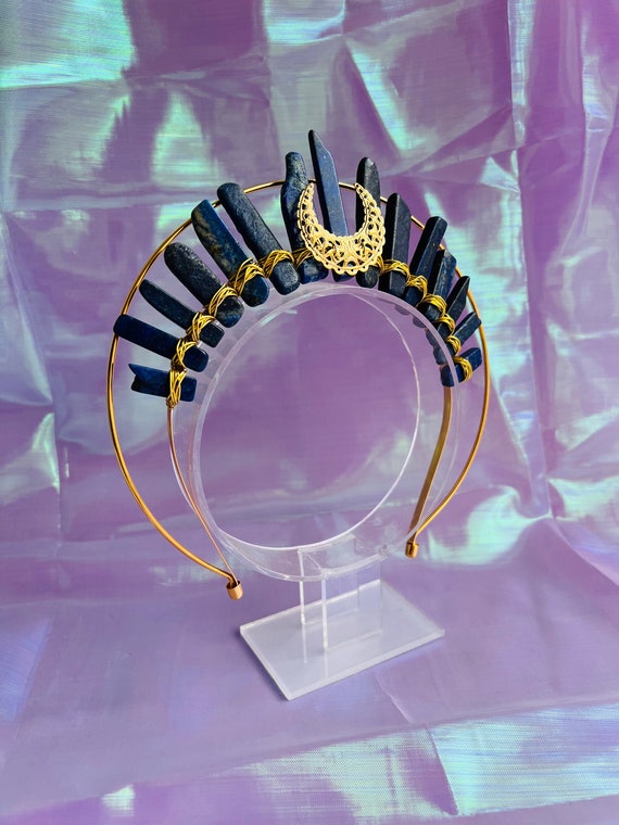 Lapis and Moon Tiara Lapis Lazuli Crown With Gold Triple Moon - Speak Your Truth  main image 2