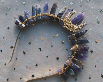 AMETHYST GOLD crystal crown bohemian tiara wedding accessories festivals moon jewellery witchcraft gift purple crystals