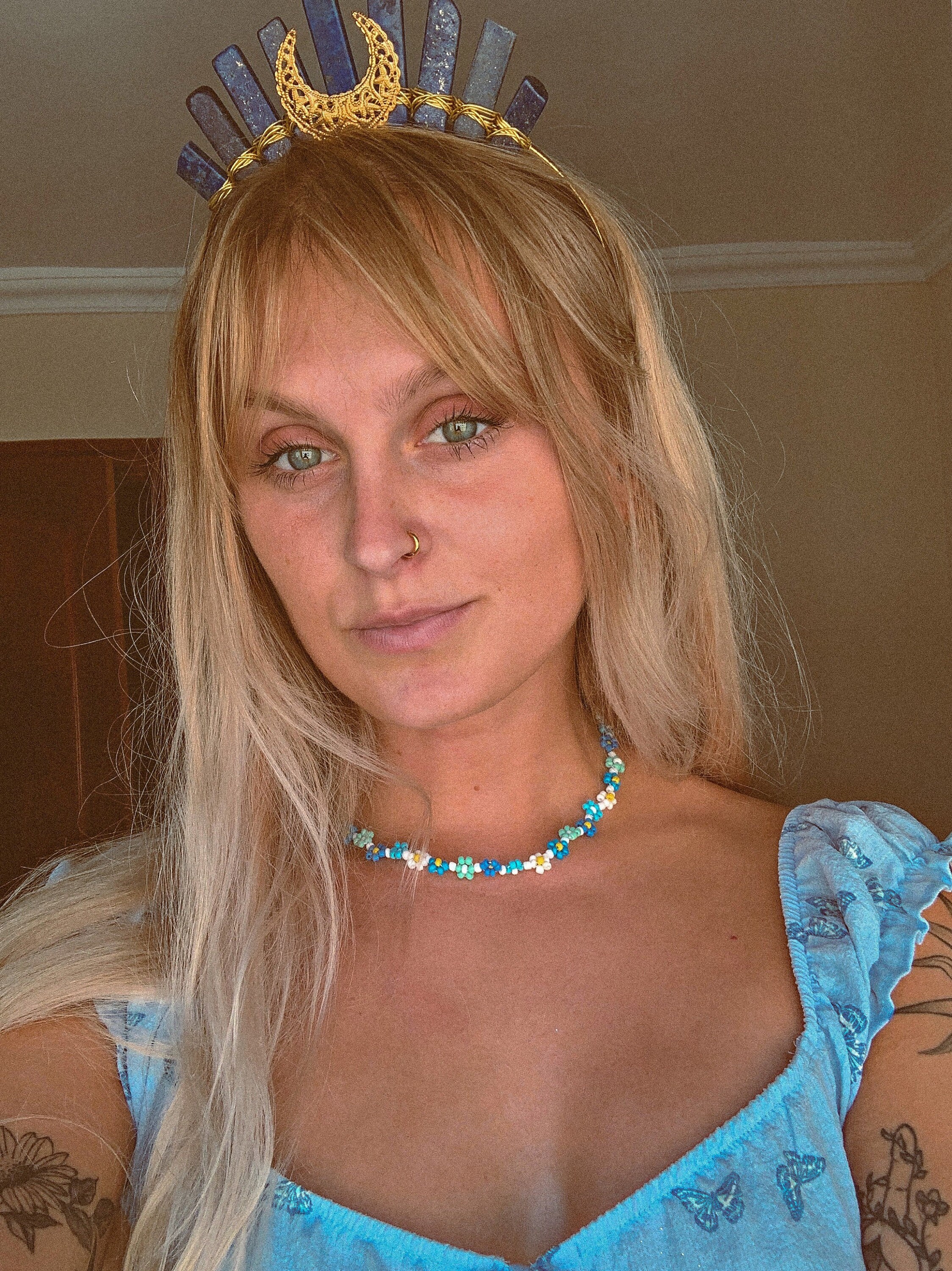 Lapis Lazuli Crystal Crown Gold Moon Tiara Bohemian Goddess  display picture 1