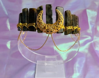 LABRADORITE GOLD MOON with Labradorite crystal chips crown tiara wedding accessories festivals moon jewellery witchcraft gift yellow crystal