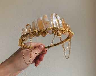 CITRIJN GOUDEN ZON met Citrien kristalchips kroon tiara bruiloft accessoires festivals maan sieraden hekserij cadeau gele kristallen