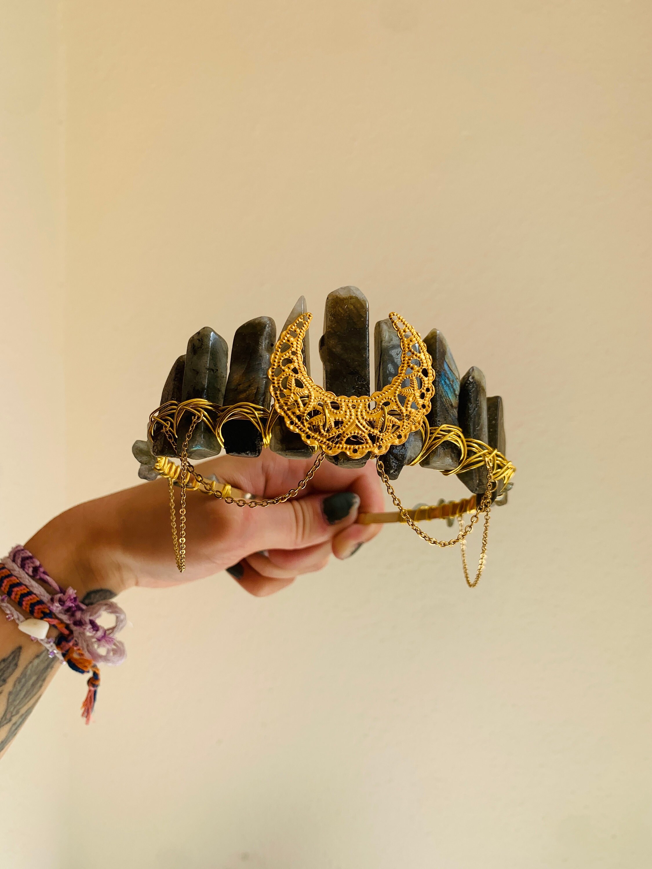 Labradorite Crystal Crown Gold Moon Tiara Witchcraft Wedding 