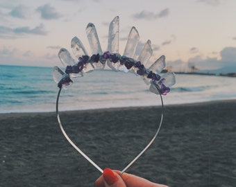 CLEAR QUARTZ & AMETHYST silver crystal tiaras crown bohemian tiara wedding accessories festivals moon jewellery witchcraft gift love