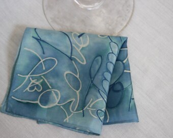Spinning Tops Hand painted Silk Dreidel Hanukkah Holiday Pocket Square Handkerchief Purple Teal Green and Blue