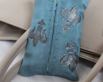 Silk Soft Facial Travel Tissue Case Holder, Fleur De Lis in Silver and Black on Teal, Hand painted
