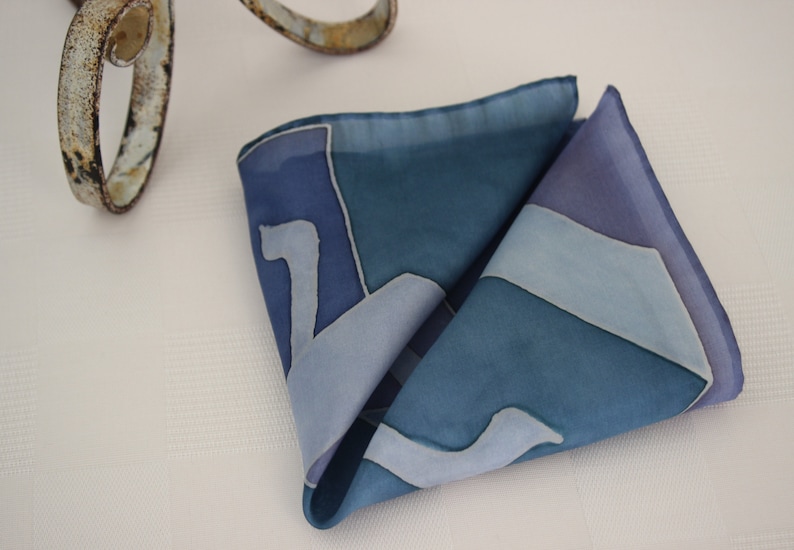 Spinning Tops Hand painted Silk Dreidel Hanukkah Holiday Pocket Square Handkerchief Purple Teal Green and Blue