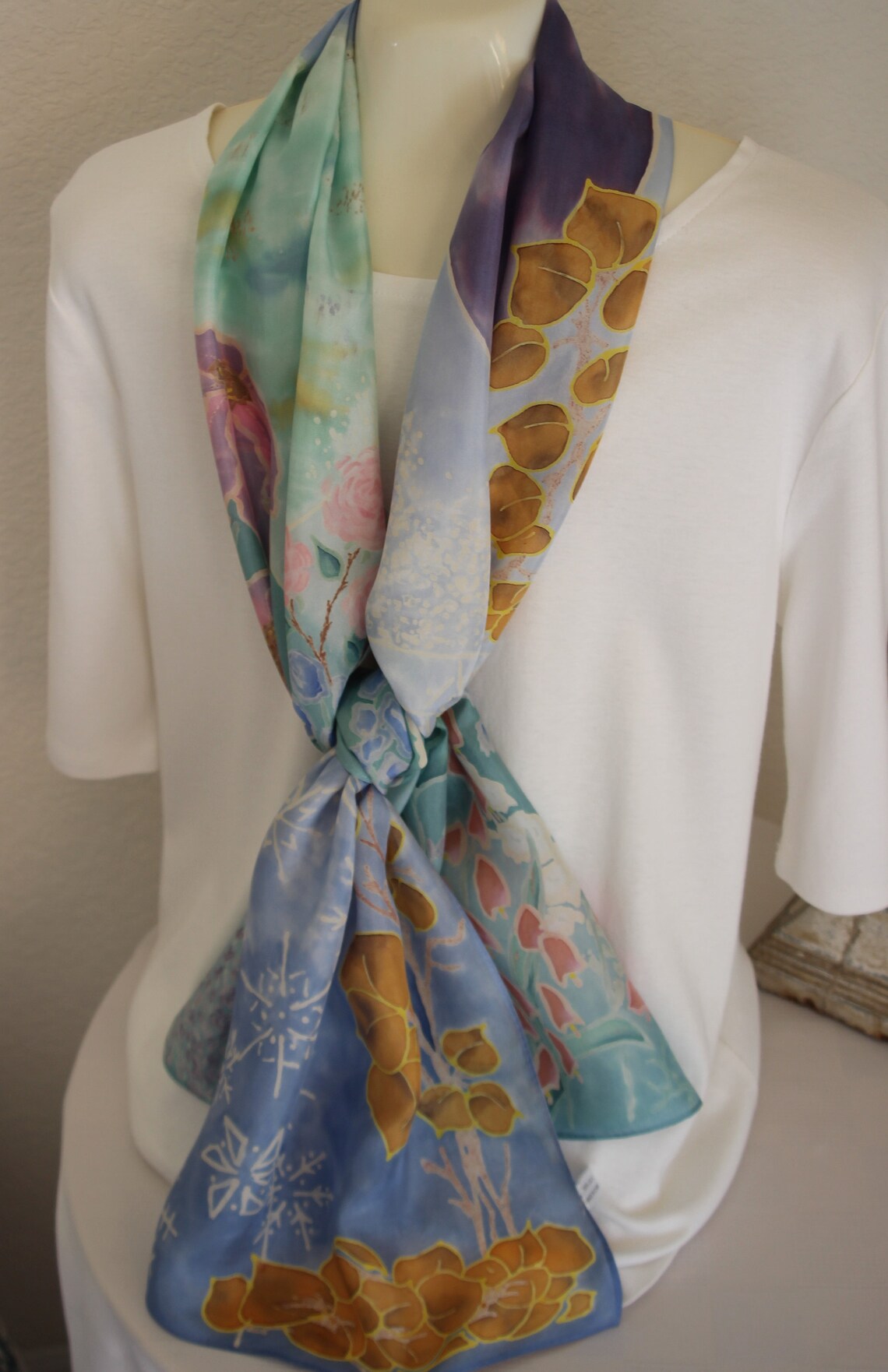 Silk Four Seasons Botanical Scarf in Blue Green Pink Etsy