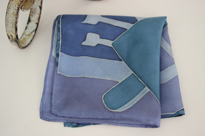 Spinning Tops Hand painted Silk Dreidel Hanukkah Holiday Pocket Square Handkerchief Purple Teal Green and Blue