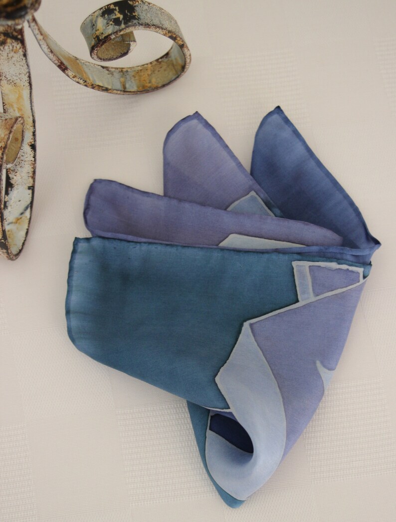 Spinning Tops Hand painted Silk Dreidel Hanukkah Holiday Pocket Square Handkerchief Purple Teal Green and Blue