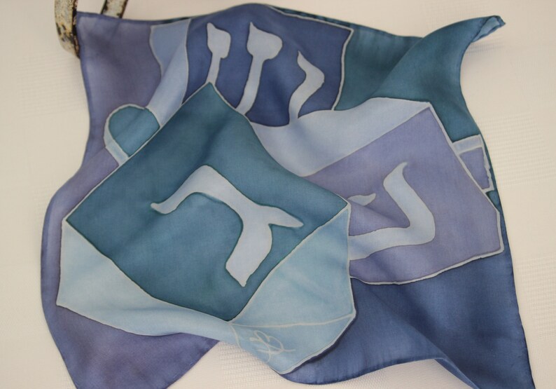 Spinning Tops Hand painted Silk Dreidel Hanukkah Holiday Pocket Square Handkerchief Purple Teal Green and Blue