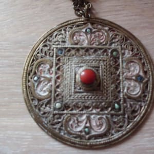 Early 20th century Indian White metal (Probably Silver) necklace/medallion. decorated with semi precious stones and hand painted.