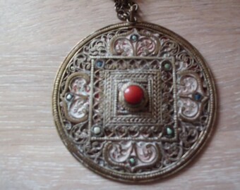 Early 20th century Indian White metal (Probably Silver) necklace/medallion. decorated with semi precious stones and hand painted.
