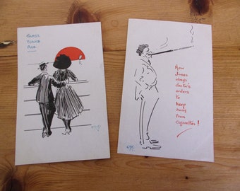 Original signed pen and ink Postcard Drawings by Irish cartoonist Charles Edward Kelly (1902 - 1981)