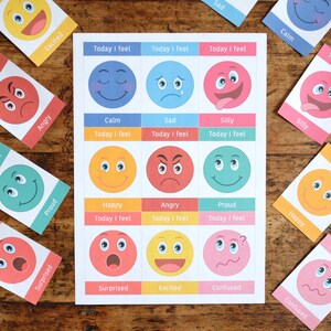 May include: A printable worksheet with colourful illustrations of different facial expressions. Each illustration is labelled with a corresponding emotion, such as "happy", "sad", "angry", and "excited". The worksheet includes the phrase "Today I feel" above each illustration.