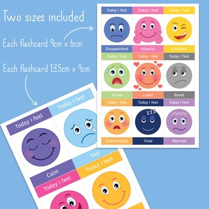 May include: Two sizes of colourful emotion flashcards with different facial expressions. Each card has the text "Today I feel" and the name of the emotion. The emotions include calm, sad, scared, loved, bored, disappointed, hopeful, confident, embarrassed, tired, and worried.