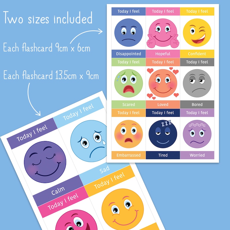 May include: Two sizes of colourful emotion flashcards with different facial expressions. Each card has the text "Today I feel" and the name of the emotion. The emotions include calm, sad, scared, loved, bored, disappointed, hopeful, confident, embarrassed, tired, and worried.