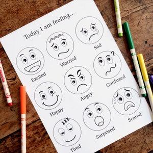 Emotions Colouring Sheet - Today I am feeling - 9 emotion faces & 12 emotion faces - Printable Digital Download
