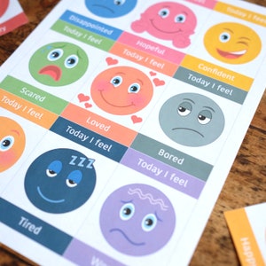 May include: A printable chart with colourful cartoon faces representing different emotions. Each face has a caption describing the emotion, such as "Scared", "Loved", "Bored", and "Confident". The text "Today I feel" appears below each emotion.