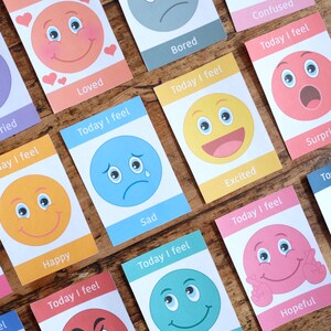 May include: A set of colourful cards with different emotions, each card features a cartoon face with a corresponding emotion word. The emotions include happy, sad, loved, bored, confused, excited, surprised, and hopeful. The cards are perfect for teaching children about emotions.