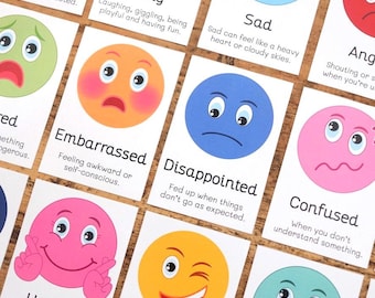 18 emotie-flashcards – afdrukbare digitale download – emotiegezichten en beschrijvingen