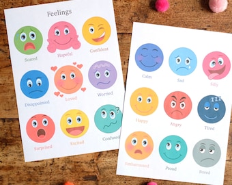 Feelings Faces - Printable Digital Download - 18 faces - 9 on each page - 18 Large Individual Faces on A4