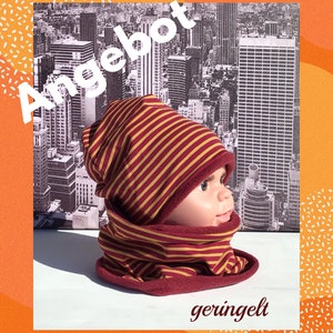 Hat set for autumn/winter, hat and loop for boys, girls, jersey, handmade, new!!!, stripes, wine red, head circumference 46-56 possible!!!