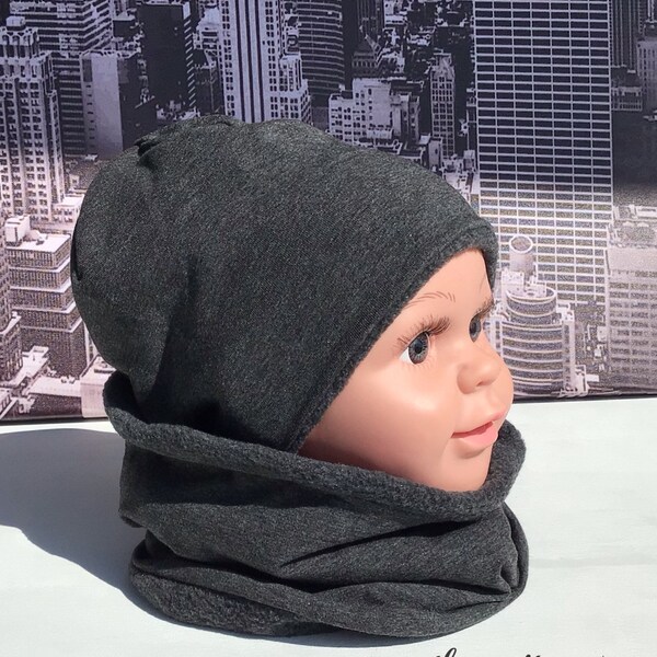 Hat set for autumn/winter, warm lining, hat and loop for boys, jersey, handmade, new!!!, anthracite uni, head circumference 46-56 possible!!!