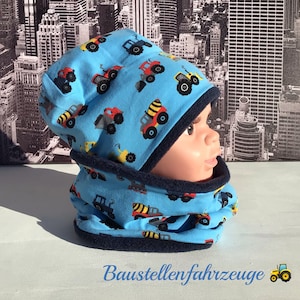 Hat set for autumn/winter, hat and loop for boys, jersey, handmade, new!!, construction site vehicles, blue, head circumference 46-56 possible!!!