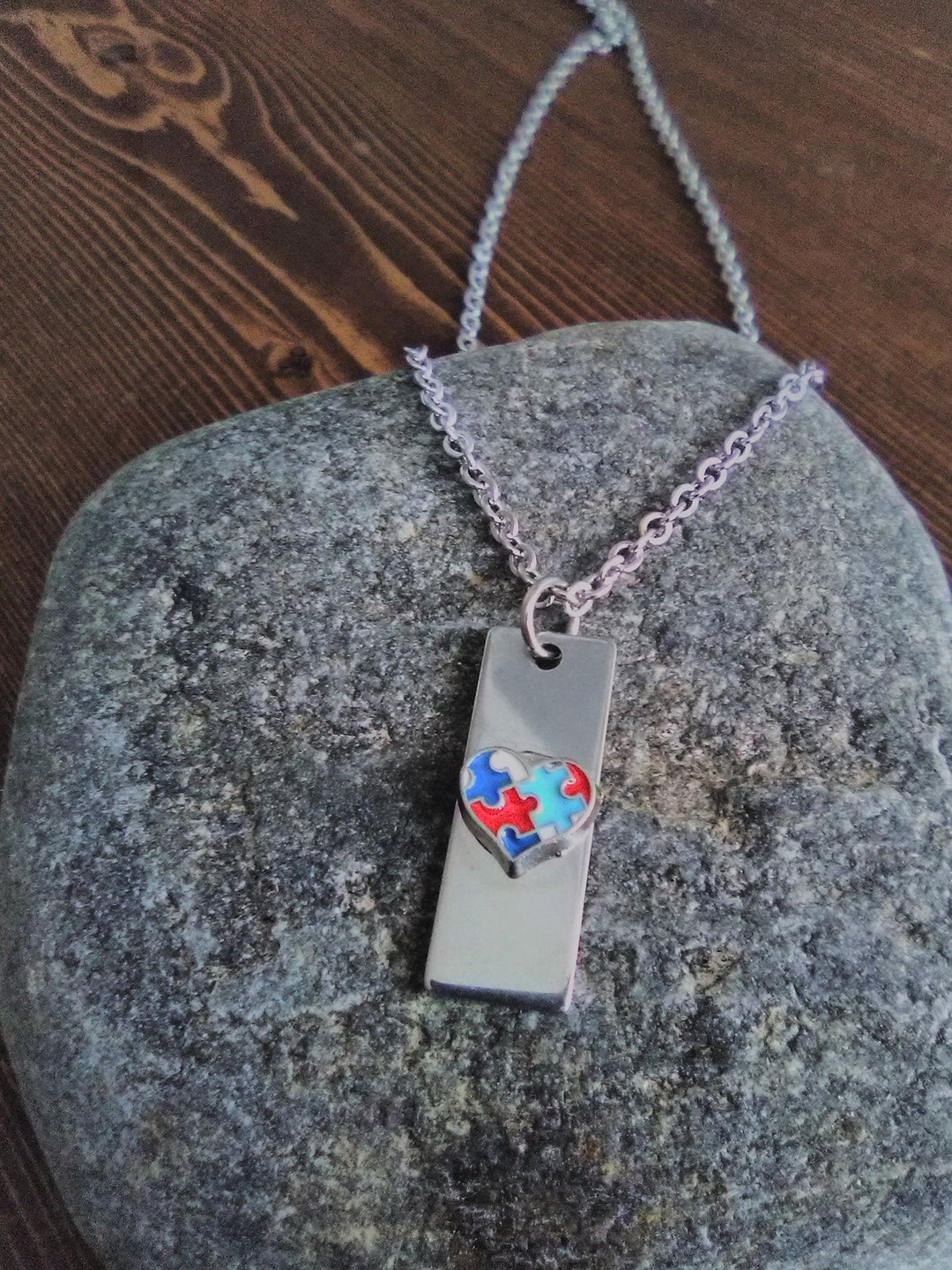 Rectangle Stainless Steel Autism Awareness Puzzle Piece Necklace ...