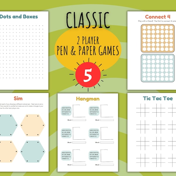 PRINTABLE Dots and Boxes, Hangman, Sim, Connect 4 and Tic Tac Toe Game Sheets