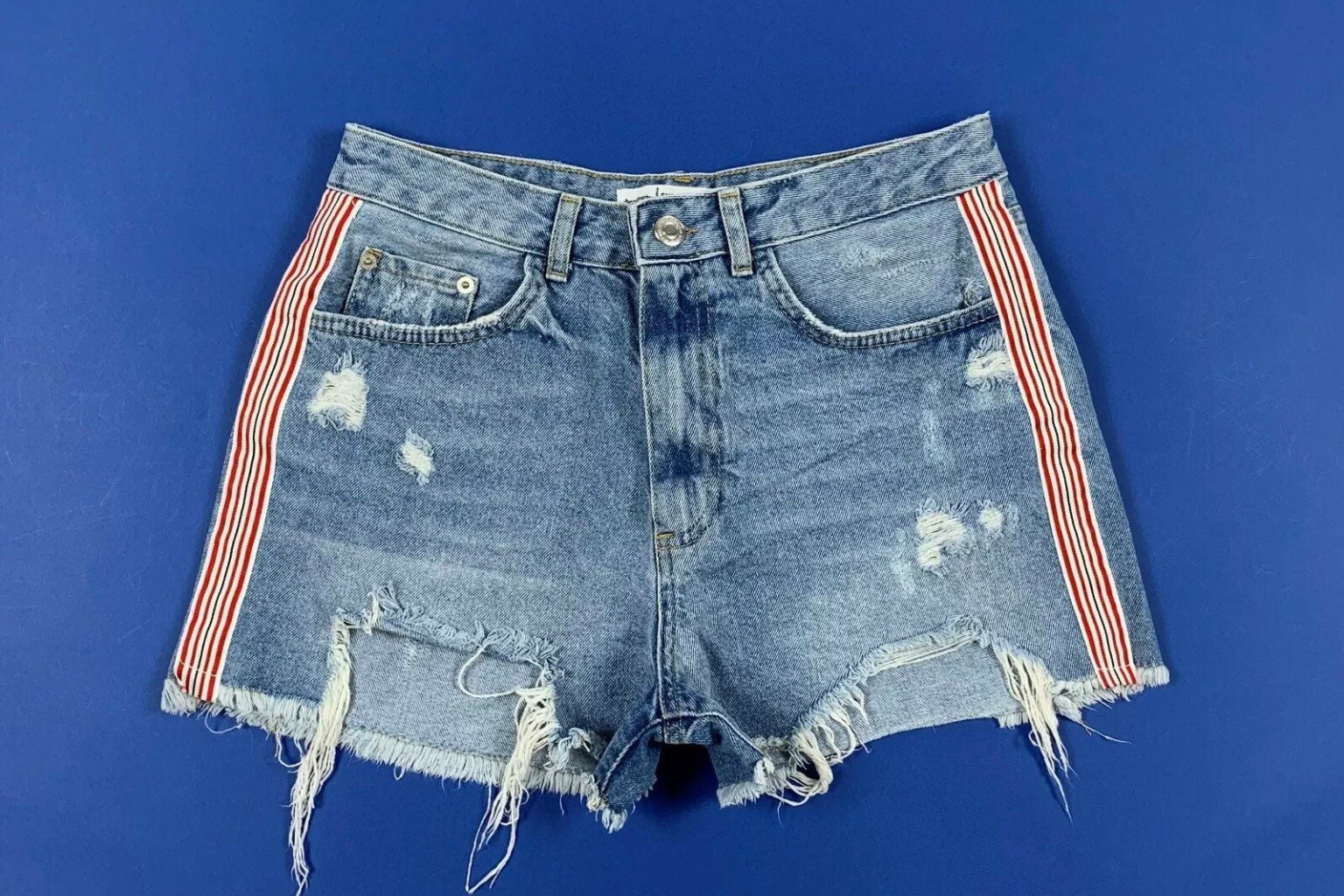 Denim shorts cheap with red stripe