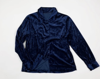 camicia donna velluto shirt usato blu vintage size S fashion manica lunga T8269