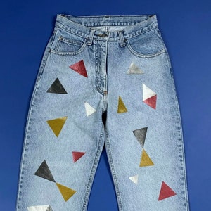 custom women&#39;s jeans used W27 size 41 painted boyfriend high waist mom denim T1155
