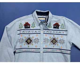 Damenbluse der Leisure-Linie, Vintage, Größe M/L, bestickt, langärmlig, T4939