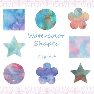 Formas de acuarela vibrantes, imágenes prediseñadas coloridas, lavados de acuarela pintados a mano, etiquetas de bricolaje, imprimibles de flores de estrella, conjunto de imágenes prediseñadas de descarga en PNG PDF