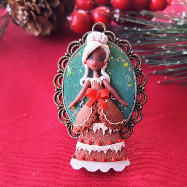 Dame de pain d'épice - ornements d'arbre de Noel - fille d'argile de polymère - décor de pain d'épice