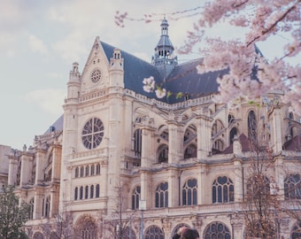 Typical view of Parisians streets with Architecture postcard of Paris Vintage colours Digital Download Art Wallpaper image Cherry blossom