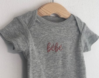 Bebe Onesie - Gender Neutral Baby Gift - Hand Embroidered Onesie - Gray Onesie
