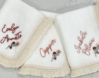 Personalized Baby Swaddle Blanket: Hand Embroidered Wildflower Monogram